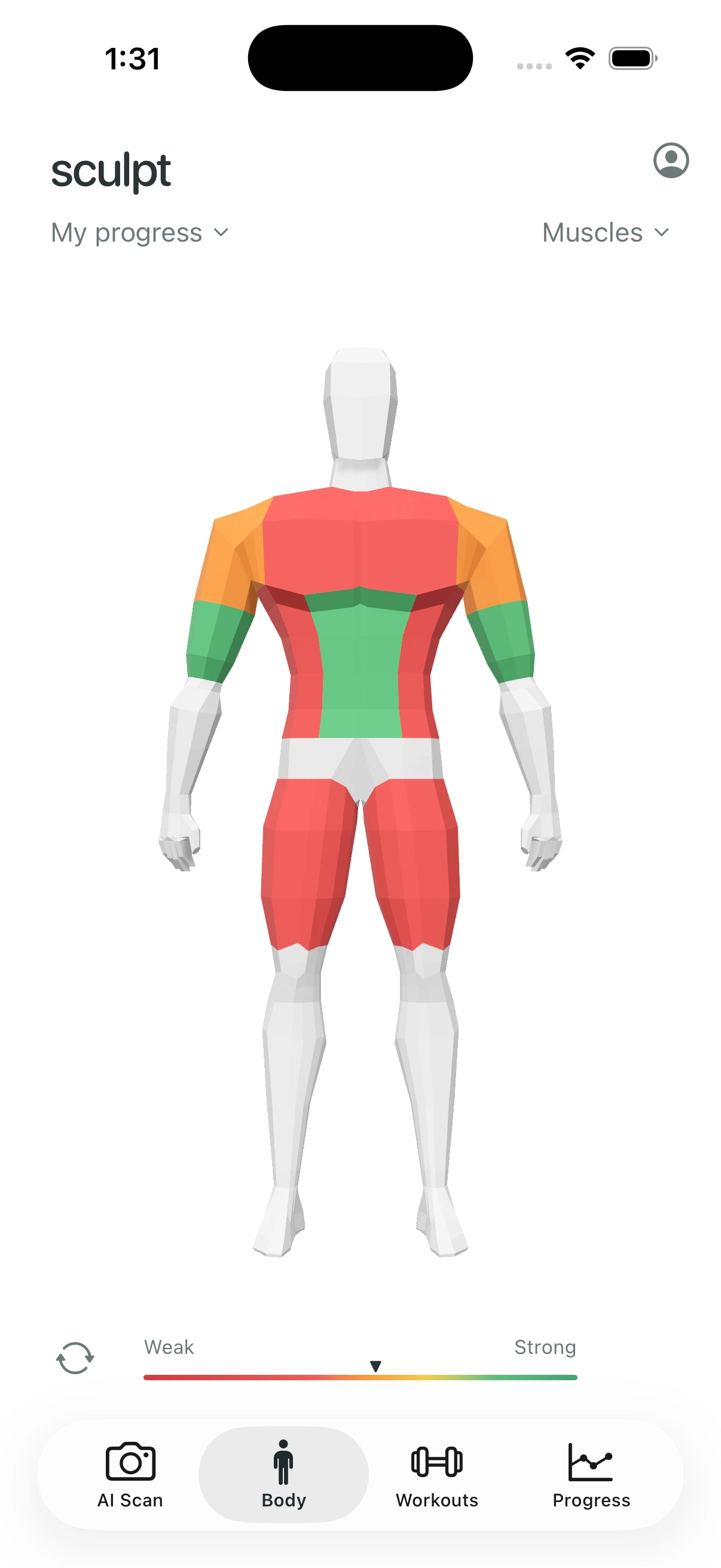 Sculpt's real home screen showing its interactive body model, with synthetic demonstration data